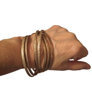 Elegant Gold Bangle Bracelet Set 7 Intertwined Pieces Diamond Cut Edgy Holiday